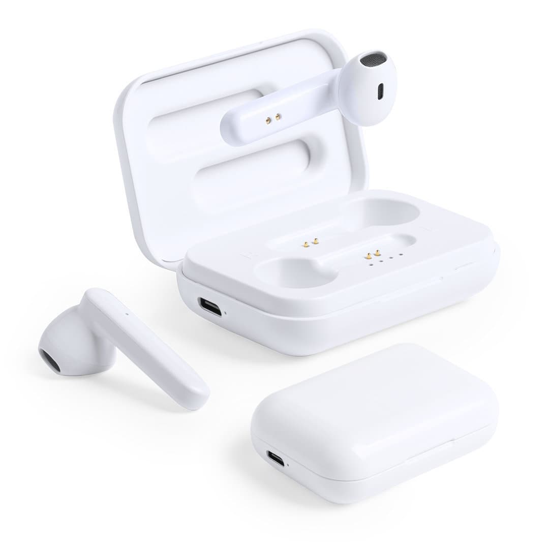 White Protex Earphones placed in their charging case, showcasing a sleek design with a minimalist look. Protex Earphones - Image 1