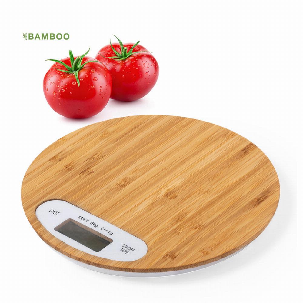 A round bamboo kitchen scale with a digital display, accompanied by two fresh red tomatoes. Hinfex - Image 1