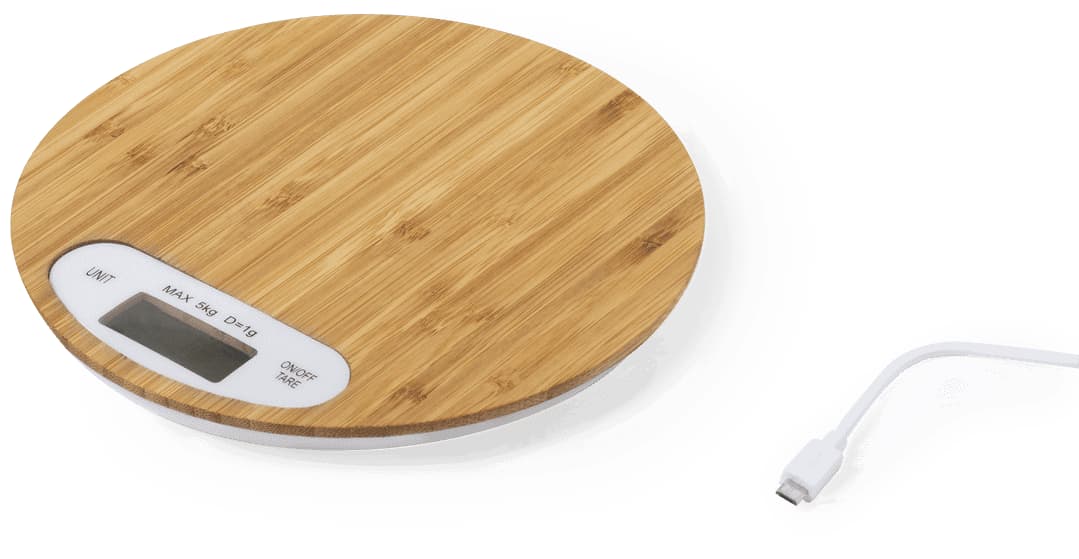 A round bamboo weighing scale with a digital display, accompanied by a USB charging cable. Hinfex Weighing Scales - Image 1