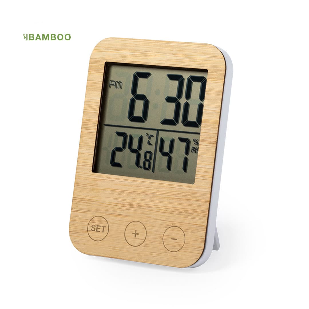 A bamboo weather station with a digital display showing temperature, humidity, and time. It features a minimalist design. Helein Weather Station - Image 1