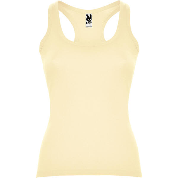 A yellow tank top with a scoop neckline and wide straps, featuring a logo at the top. Carolina Tank Top - Image 1