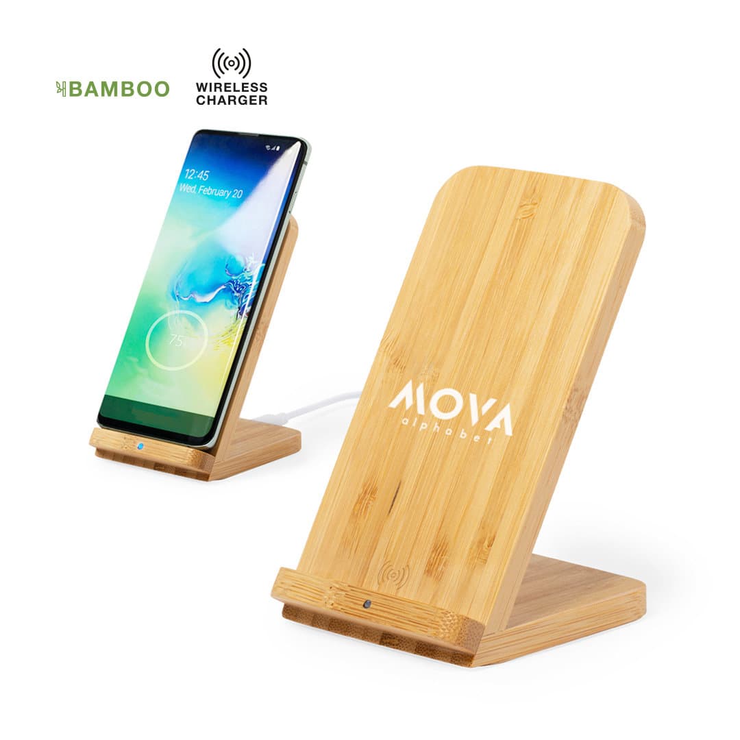 A wireless charger made of bamboo with a phone propped up on it. Features a logo on the front. Dimper Charger - Image 1