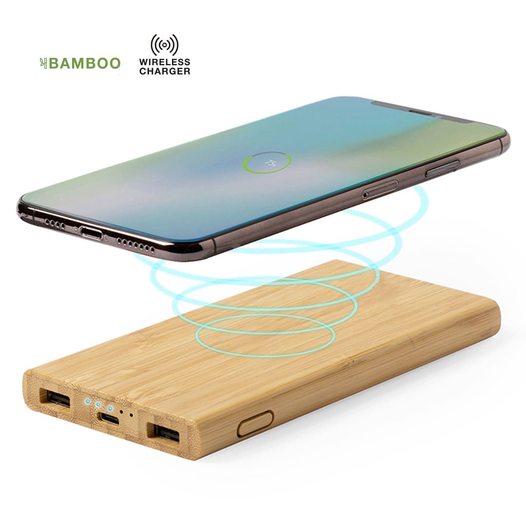 A bamboo power bank with wireless charging capability and a smartphone above it, illustrating the charging process. Kalery Power Bank - Image 1