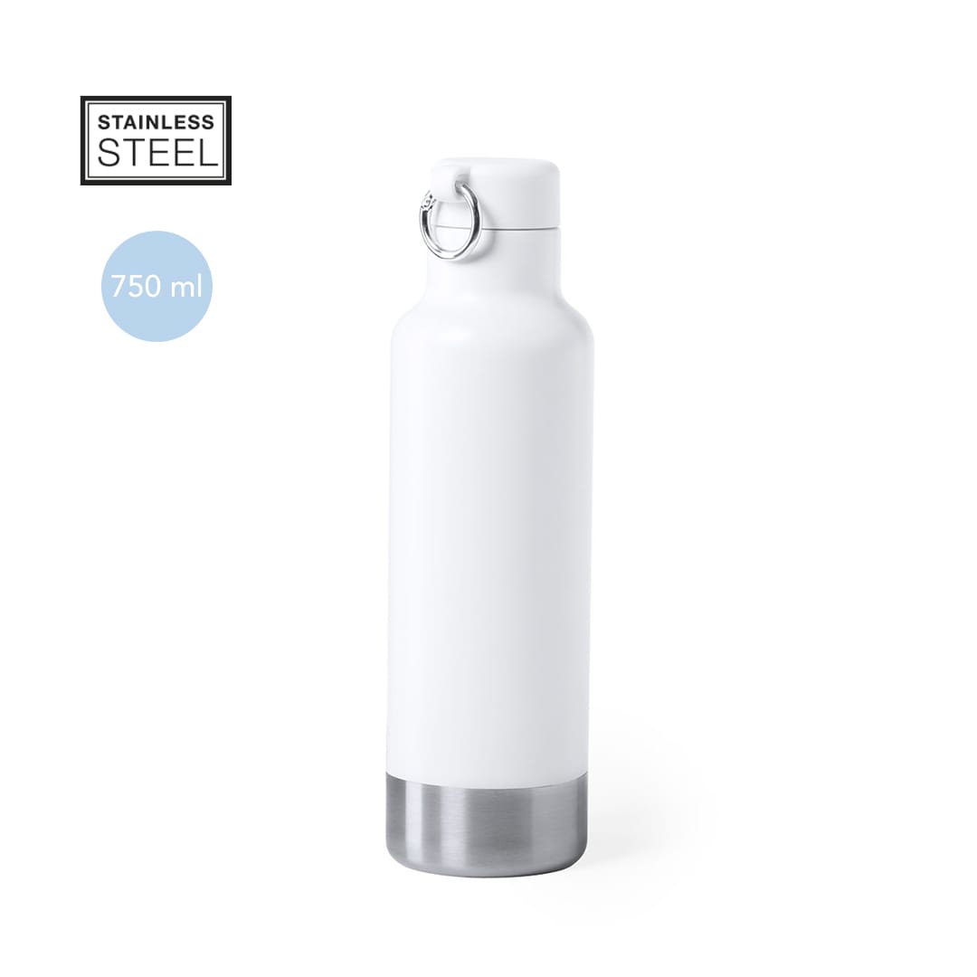 A drink bottle made of stainless steel, featuring a white body and silver bottom, with a capacity of 750 ml. Pernal Bottle - Image 1