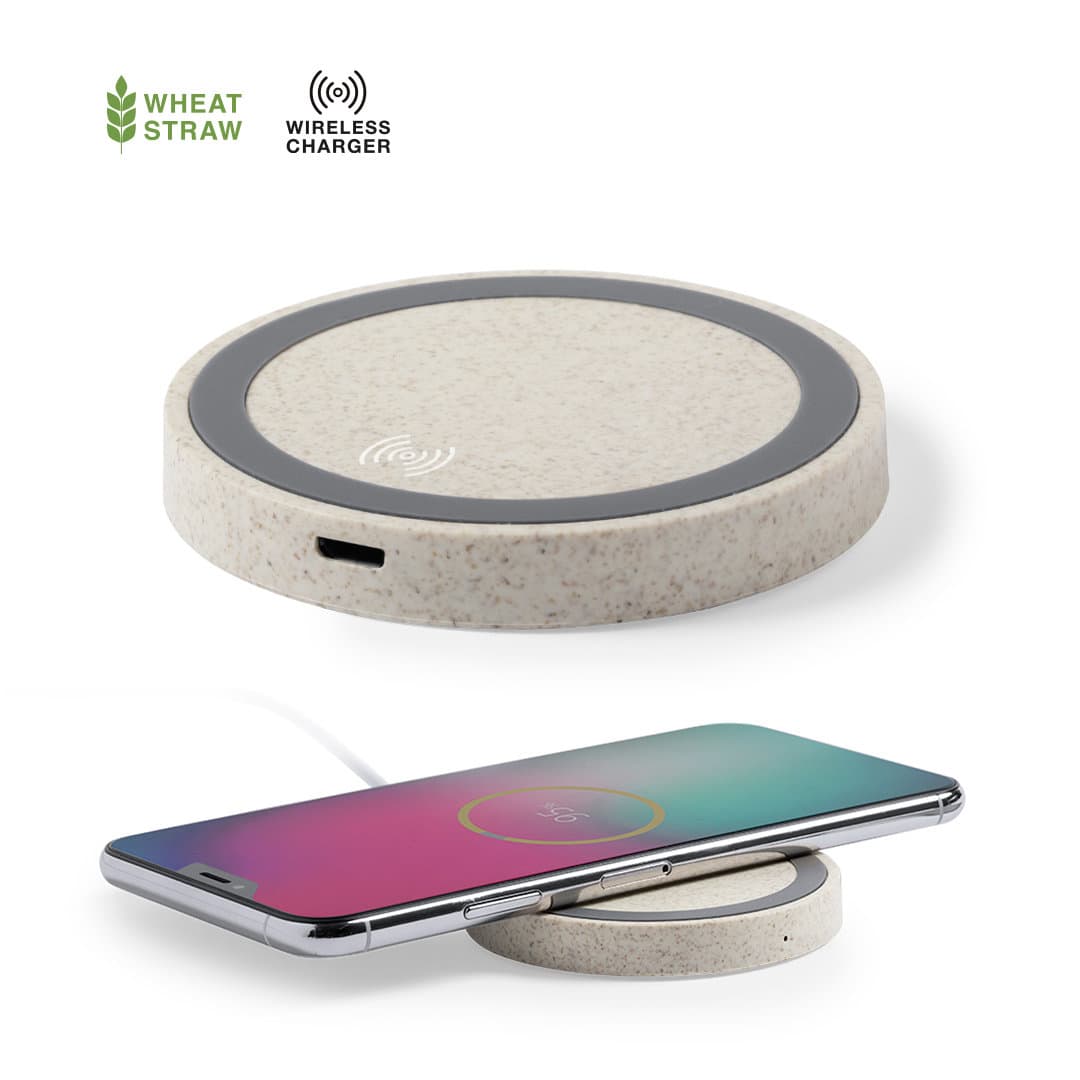 A wireless charger in a light beige colour with a sleek circular design and a logo. A smartphone rests on top. Cirkal Charger - Image 1