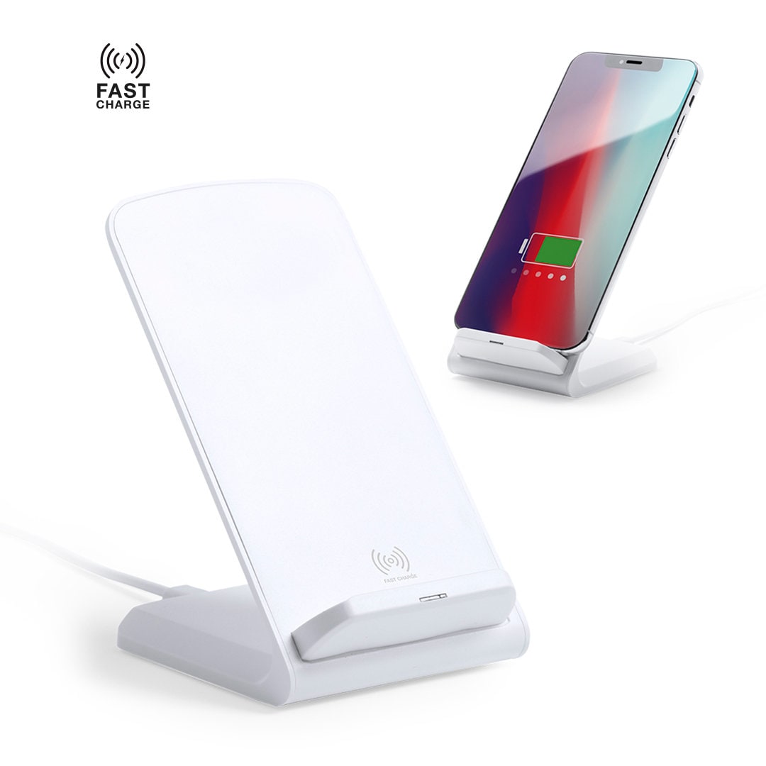 A wireless charger in white, featuring a sleek design and a phone resting on it, displaying battery charging status. Tarmix Charger - Image 1