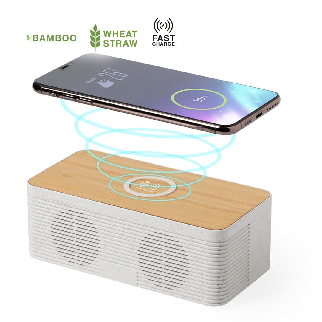 A bamboo and wheat straw wireless charger speaker with sound output and wireless charging capability for smartphones. Trecam Charger Speaker - Image 1