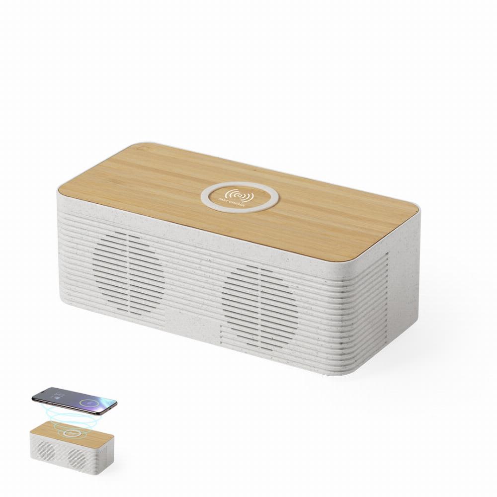 A wireless speaker with a bamboo top, featuring two speakers on the front and a logo on the top. Trecam - Image 1