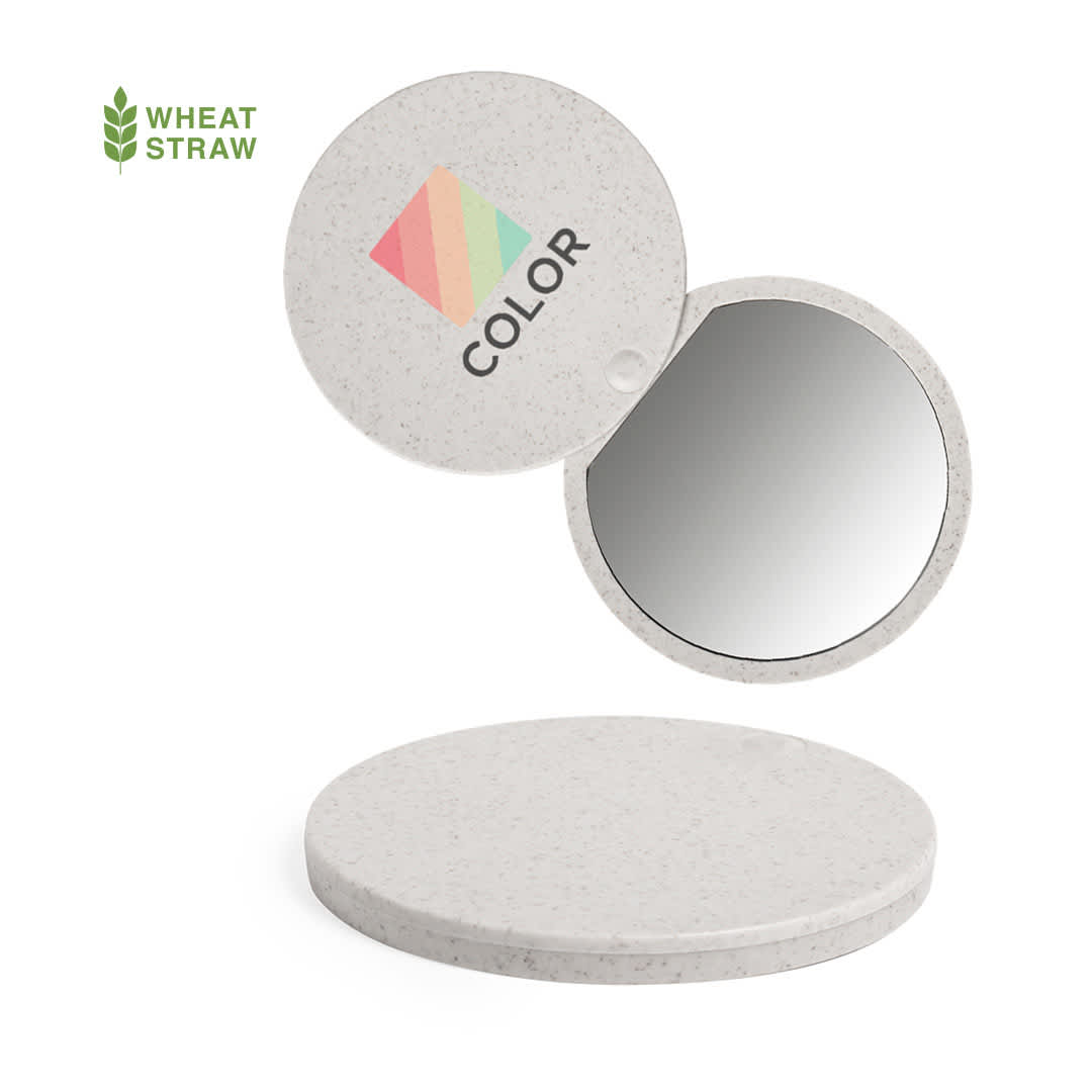 A compact, circular pocket mirror with a speckled white finish and a logo, made from wheat straw material. Gradiox Pocket Mirror - Image 1