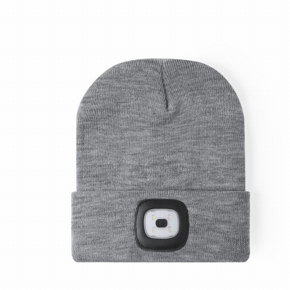 A grey beanie with an integrated LED light on the front and a fold-up cuff. It features a simple, sleek design. Koppy - Image 1