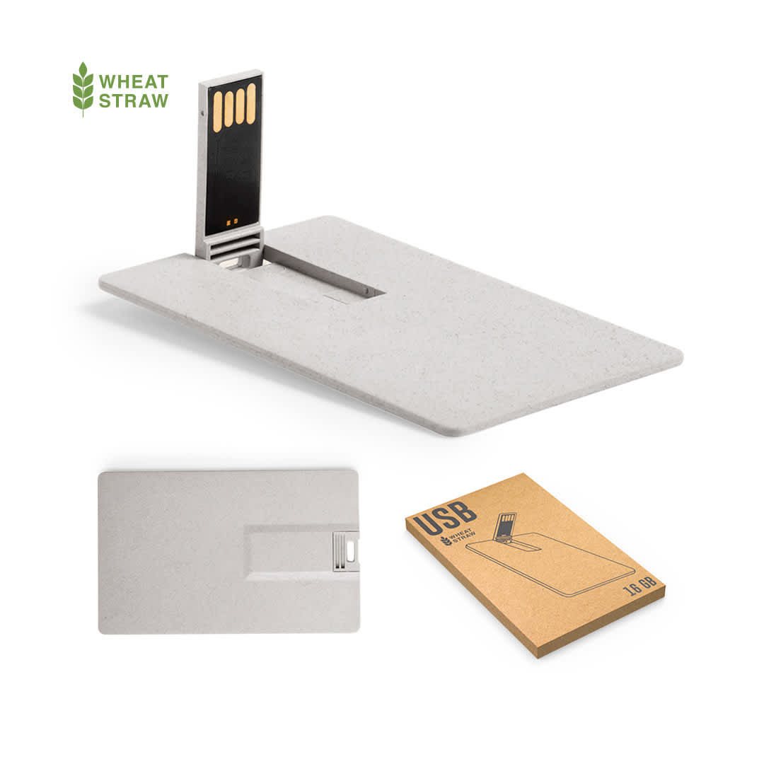 A grey 16GB USB flash drive designed to resemble a credit card, with a logo and packaging in the background. Glyner 16GB USB Memory - Image 1