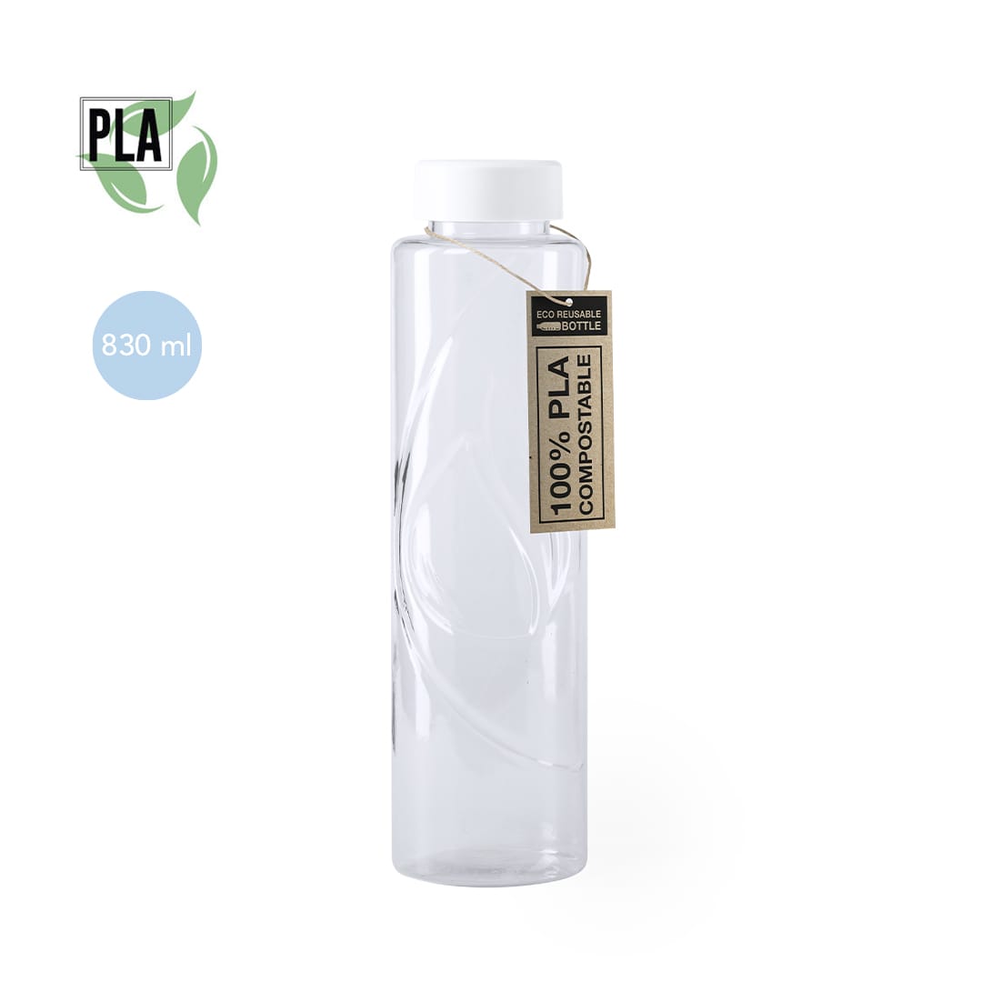 A drink bottle made of clear material with a white lid, labelled as 100% compostable, holding 830 ml. Kutyl Bottle - Image 1