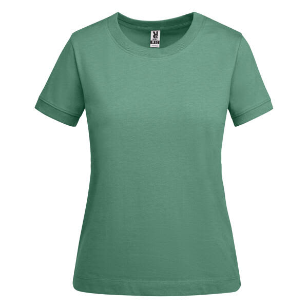A green women's T-shirt with a classic cut, featuring short sleeves and a round neckline. It has a logo tag inside. Veza Womens T-Shirt - Image 1