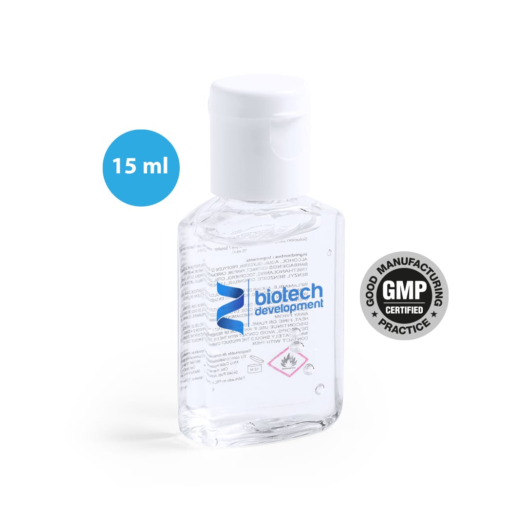 A clear 15 ml bottle of hydroalcoholic gel with a white cap, featuring a logo and safety symbols. Bradul Hydroalcoholic Gel - Image 1