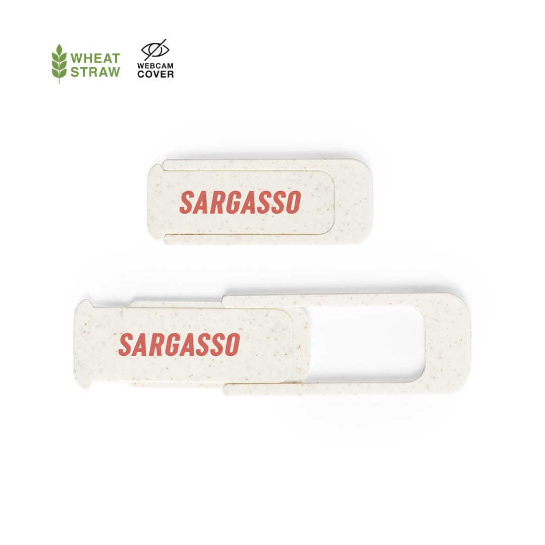 A webcam cover in cream colour, made from wheat straw, featuring a logo and two sizes. Fildon Webcam Cover - Image 1