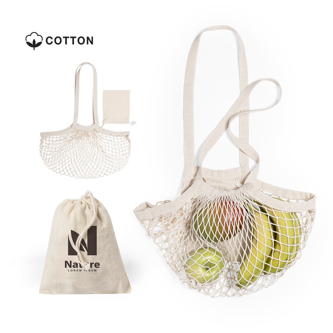 A foldable cotton tote bag in cream, designed with a mesh structure, featuring various fruits inside and a storage pouch. Nacry Foldable Bag - Image 1
