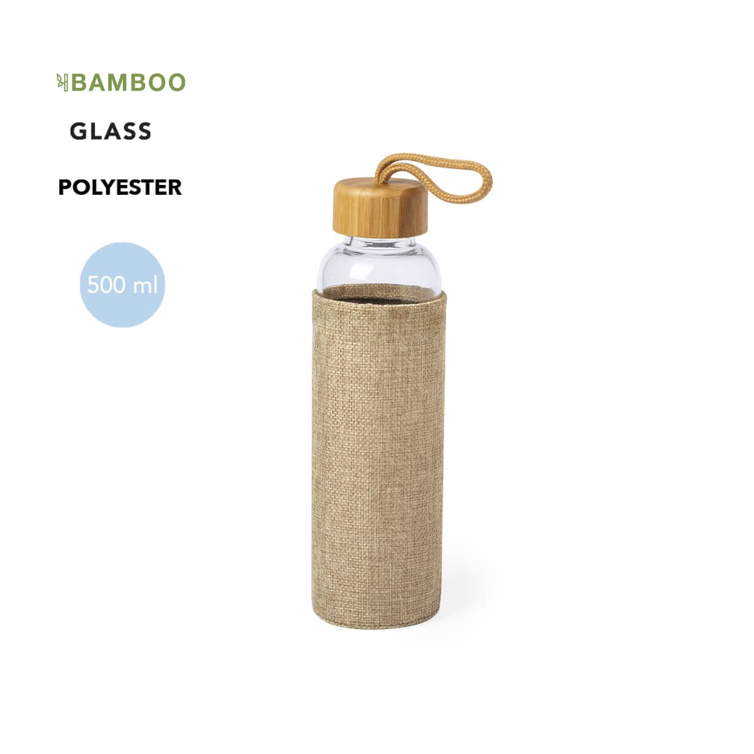 A drink bottle with a transparent glass body, bamboo lid, and a beige fabric sleeve. Capacity is 500 ml. Kasfol Bottle - Image 1