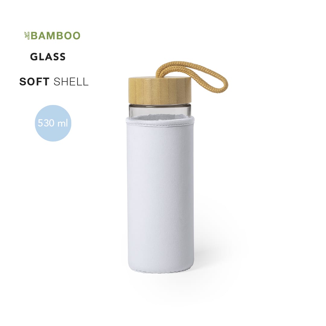 A drink bottle made of glass with a bamboo lid, featuring a white soft shell and a carrying strap. Lurok Bottle - Image 1