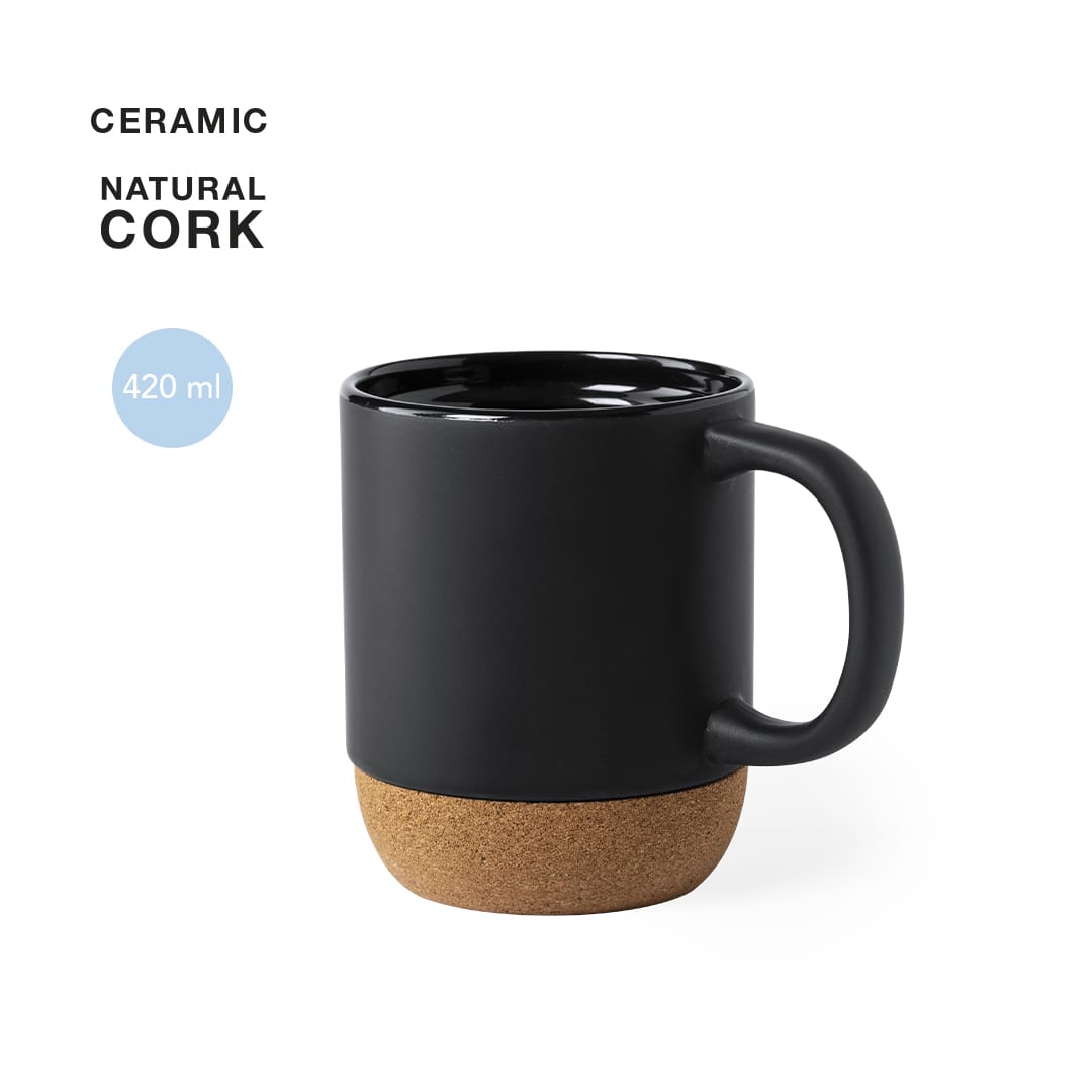 A ceramic coffee mug with a black upper section and a natural cork base, holding 420 ml of liquid. Bokun Mug - Image 1