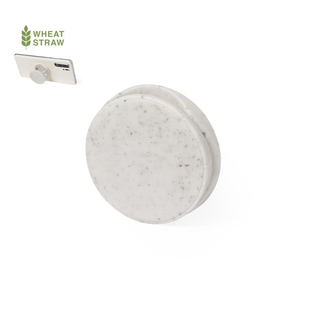 A round, white phone stand made from wheat straw, featuring a logo and a mobile phone positioned above it. Chelun Holder - Image 1