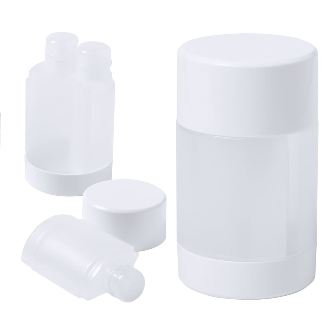 A set of white travel toiletry bottles in various sizes, including a tall container, two smaller bottles, and a round cap. Lopix Travel Set - Image 1