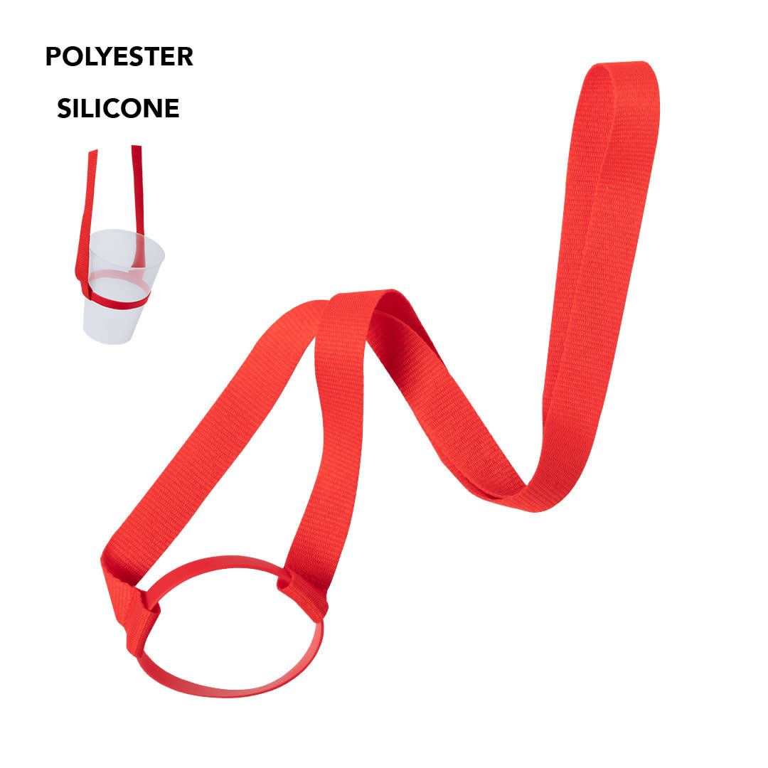 A drink bottle holder made of red polyester and silicone, featuring a circular cup holder and a long strap. Frinly Lanyard Cup Holder - Image 1