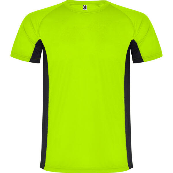 A bright lime green T-shirt with black side panels and a logo on the neckline. Shanghai T-Shirt - Image 1