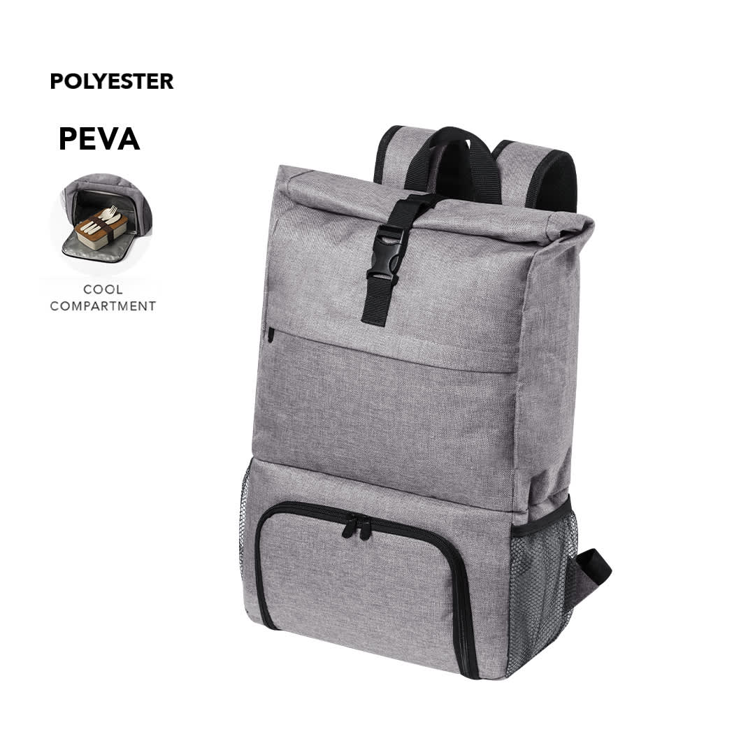 A grey backpack featuring a cool compartment and a mesh pocket, with adjustable straps and a logo. Howar Cool Bag Backpack - Image 1