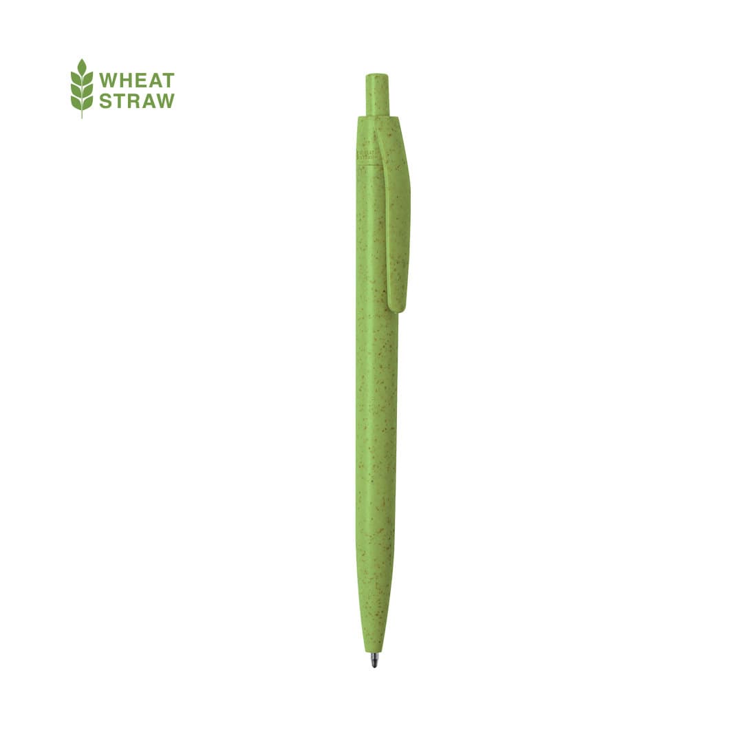 A green pen made from wheat straw with a click mechanism and a clip. It features a logo. Wipper Pen - Image 1