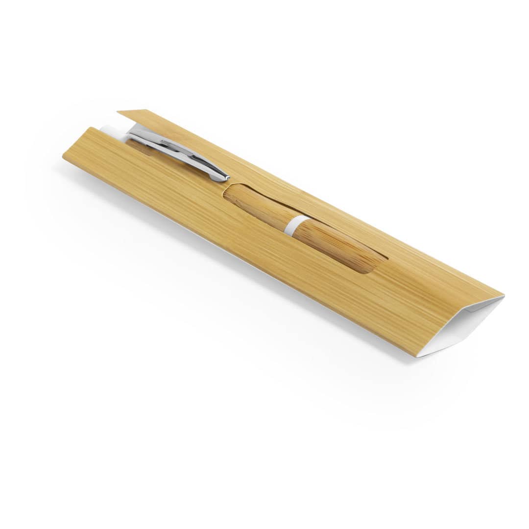 A bamboo pen pouch containing a wooden pen and a silver clip, elegantly packaged in a slender box. Locen Pen Pouch - Image 1