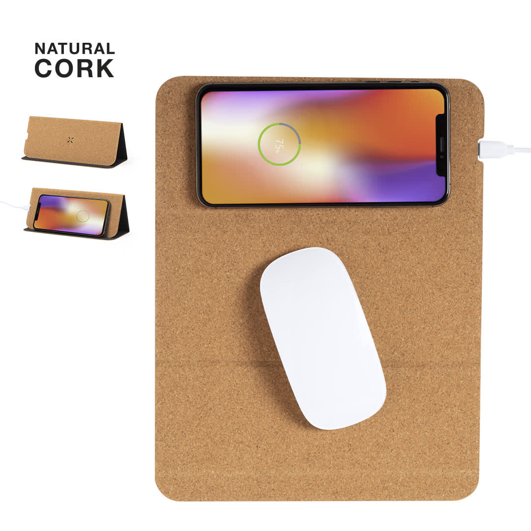 A natural cork mousepad with a wireless charging section for a smartphone and a white computer mouse. Relium Charger Mousepad - Image 1