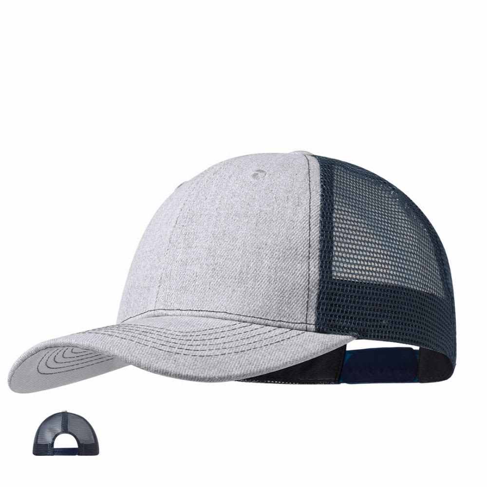 A grey cap with a mesh back, featuring a navy blue rim and a logo on the front. Ideal for casual wear. Danix - Image 1