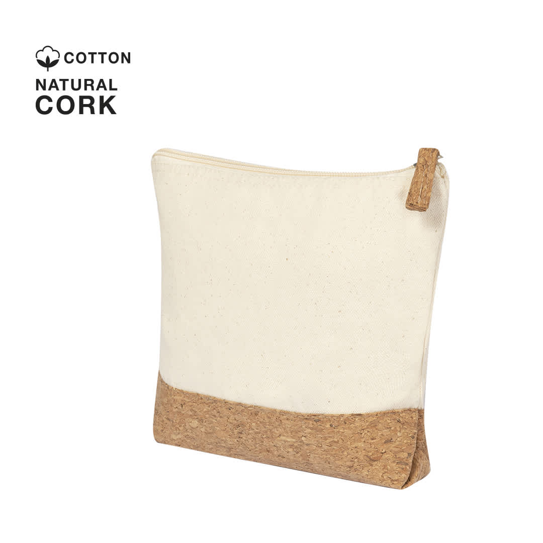 A natural cotton and cork toiletry bag with a zip closure, featuring a cream upper and a cork base. Subrum Beauty Bag - Image 1