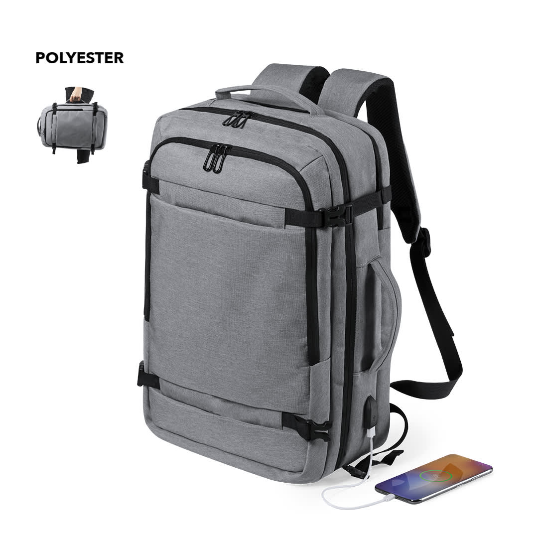 A grey document bag backpack with multiple compartments, a side pocket, and a logo. Features a charging port. Sulkan Document Bag Backpack - Image 1