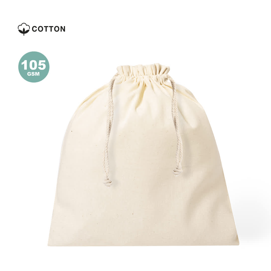 A drawstring bag in natural beige cotton, featuring a gathered top and rope closure, with a branding logo. Jardix Bag - Image 1