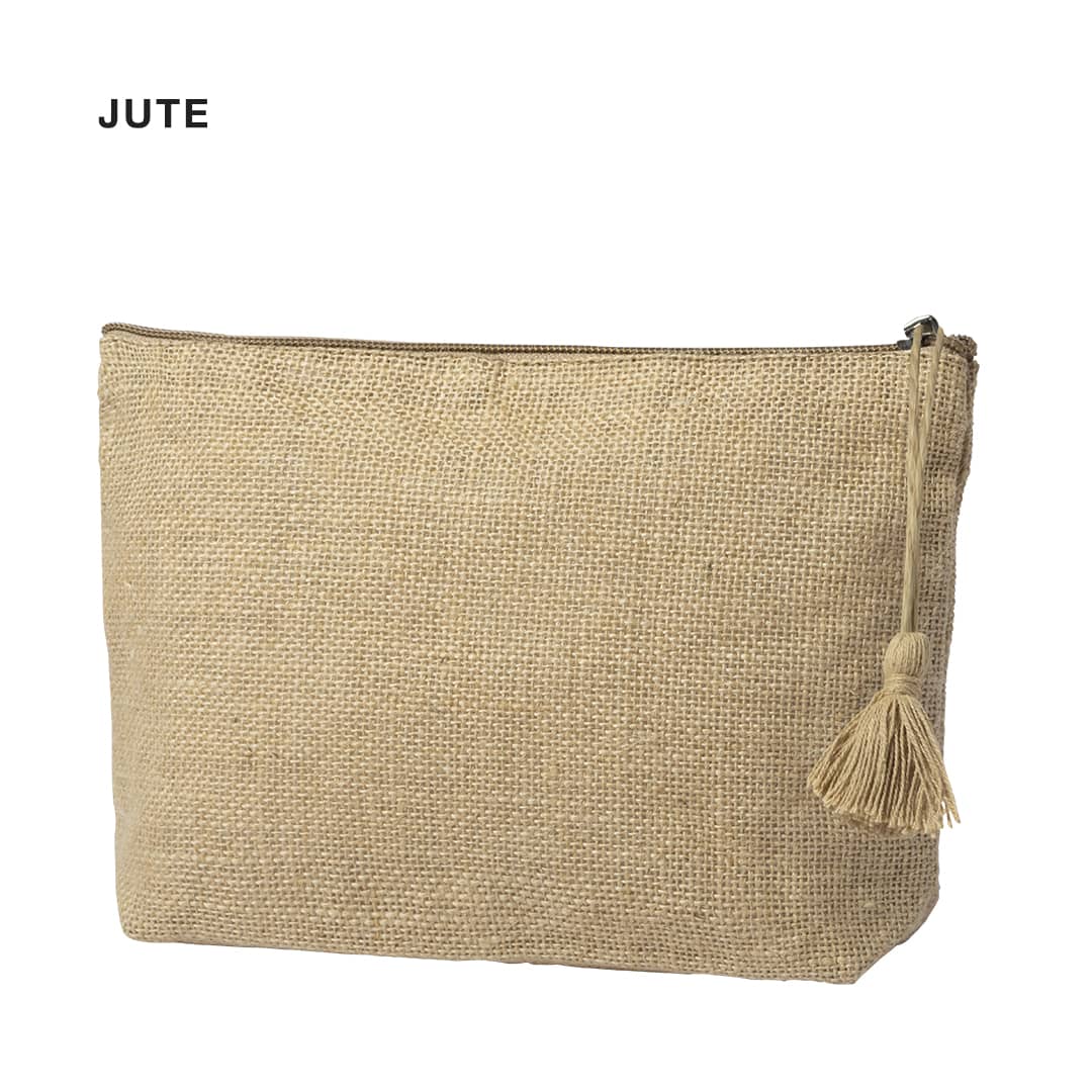 A jute toiletry bag in a natural beige colour, featuring a zip closure and a tassel detail. Lindak Beauty Bag - Image 1
