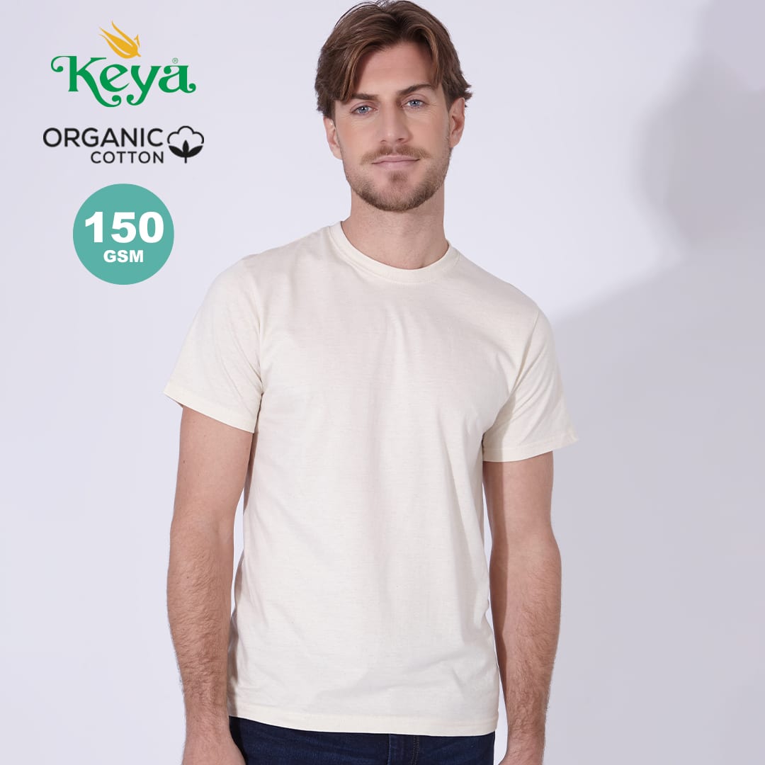 A light cream organic cotton adult T-shirt featuring a round neckline and short sleeves, complete with a logo. Organic Natural Adult T-Shirt "keya" - Image 1