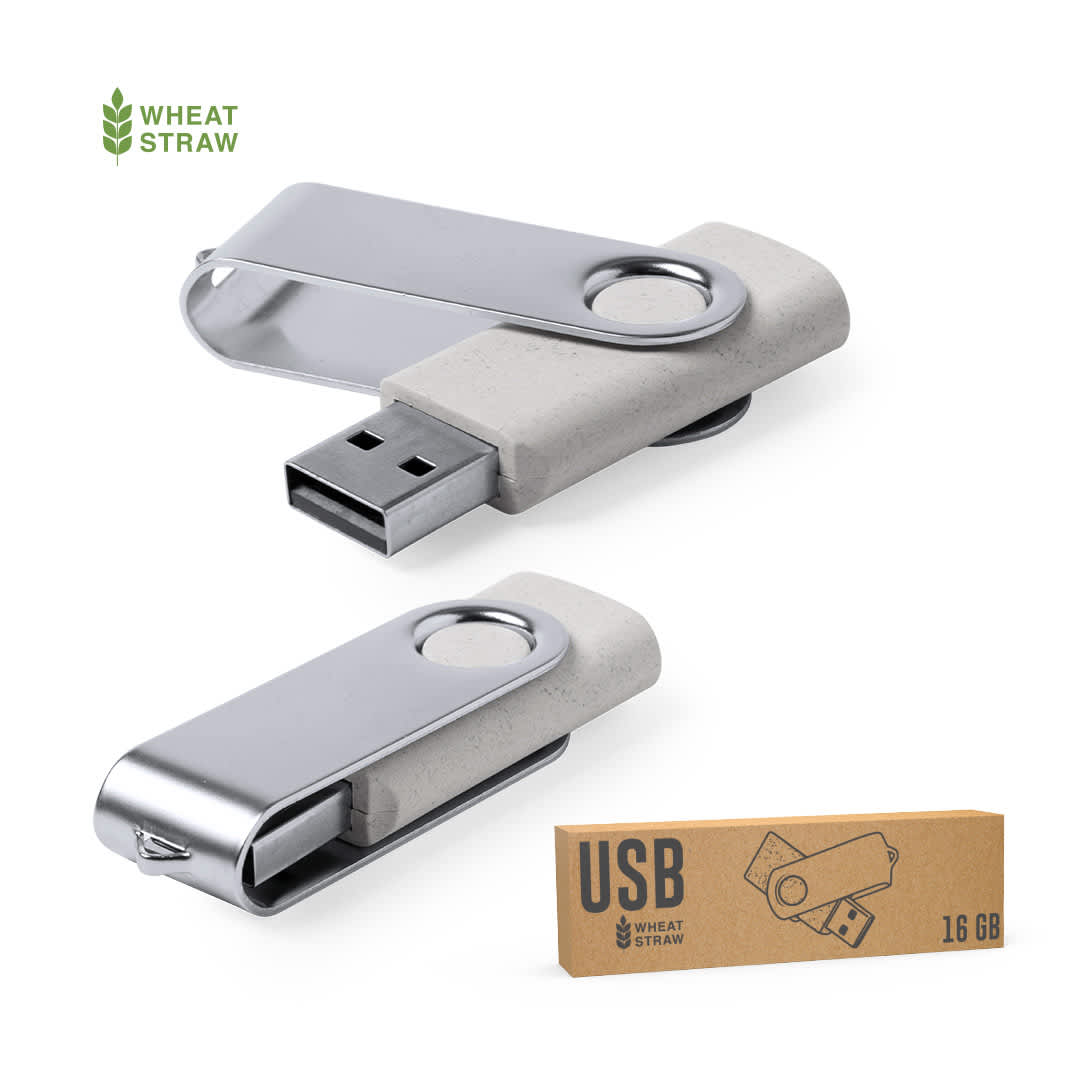A 16GB USB memory drive with a metal and beige body, featuring a logo and a retractable design. Mozil 16GB USB Memory - Image 1