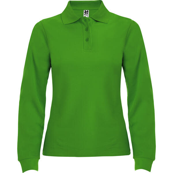A long sleeve polo shirt in vibrant green with a collar and buttons, featuring a logo. Estrella Womens Long Sleeve Polo Shirt - Image 1