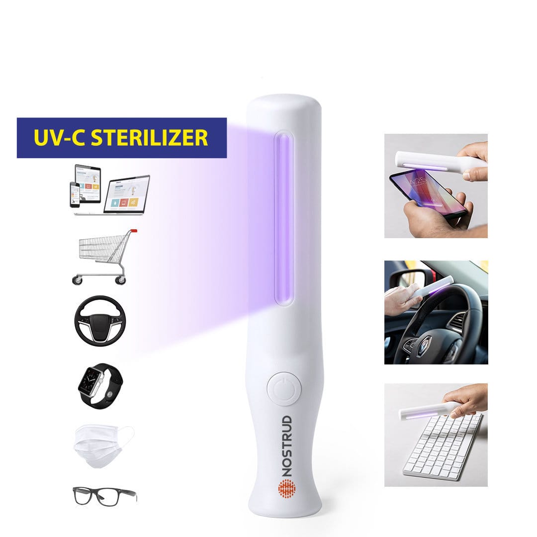 A UV sterilizer lamp in white, emitting a purple light, with a logo and images of various items around it. Klas UV Sterilizer Lamp - Image 1