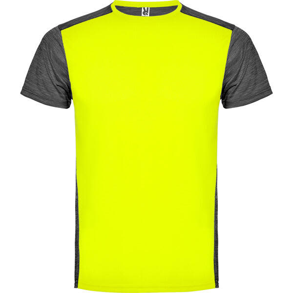 A bright yellow and grey t-shirt featuring short sleeves and a logo on the chest area. Zolder T-Shirt - Image 1