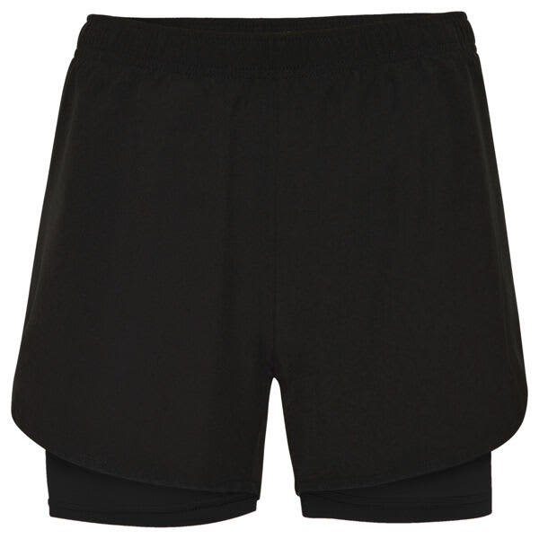 Black sports shorts featuring a layered design and an inner lining. The shorts also have a logo. Lanus Running Shorts - Image 1
