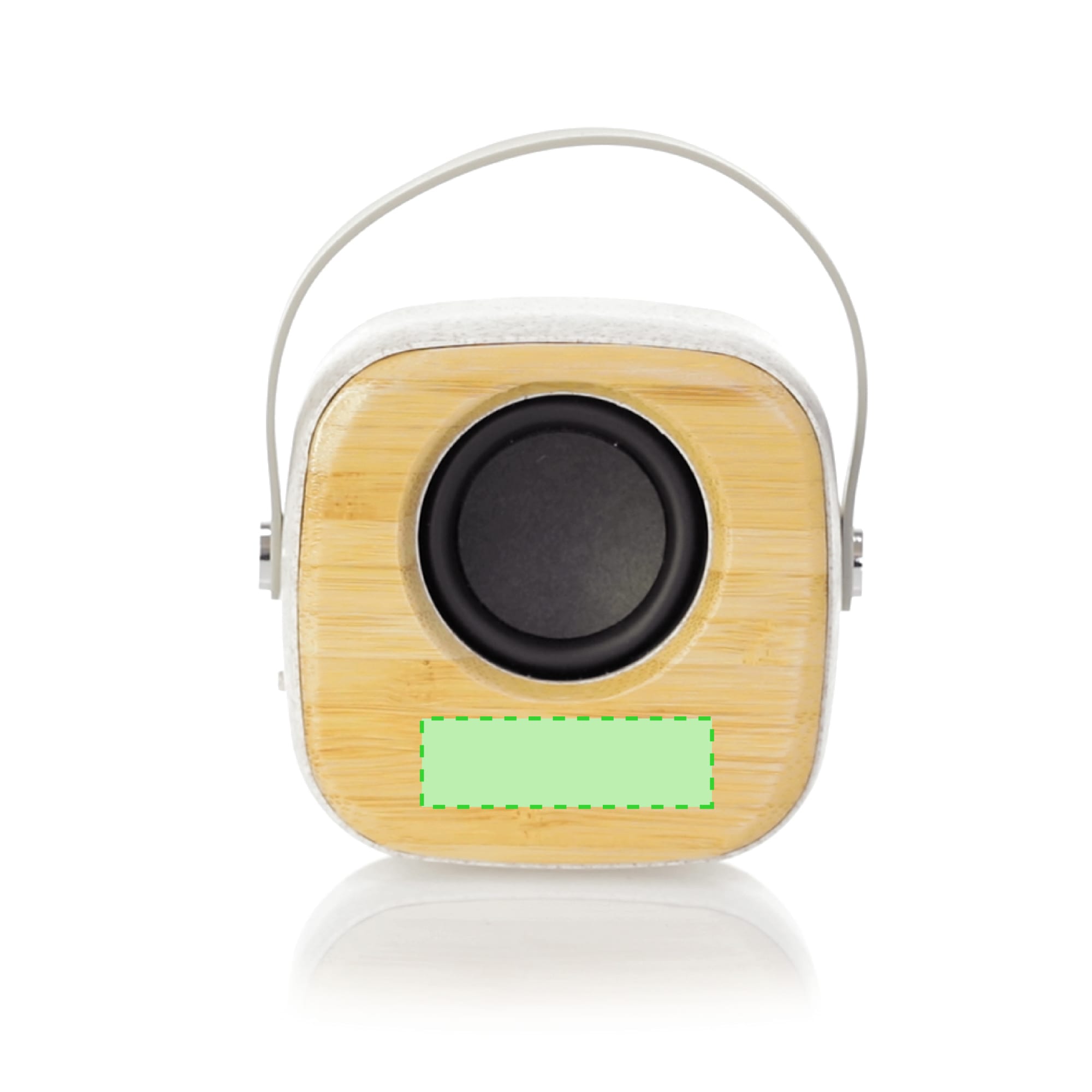 A square speaker in natural wood and grey with a handle, featuring a circular black speaker grille. Kepir Speaker - Image 1