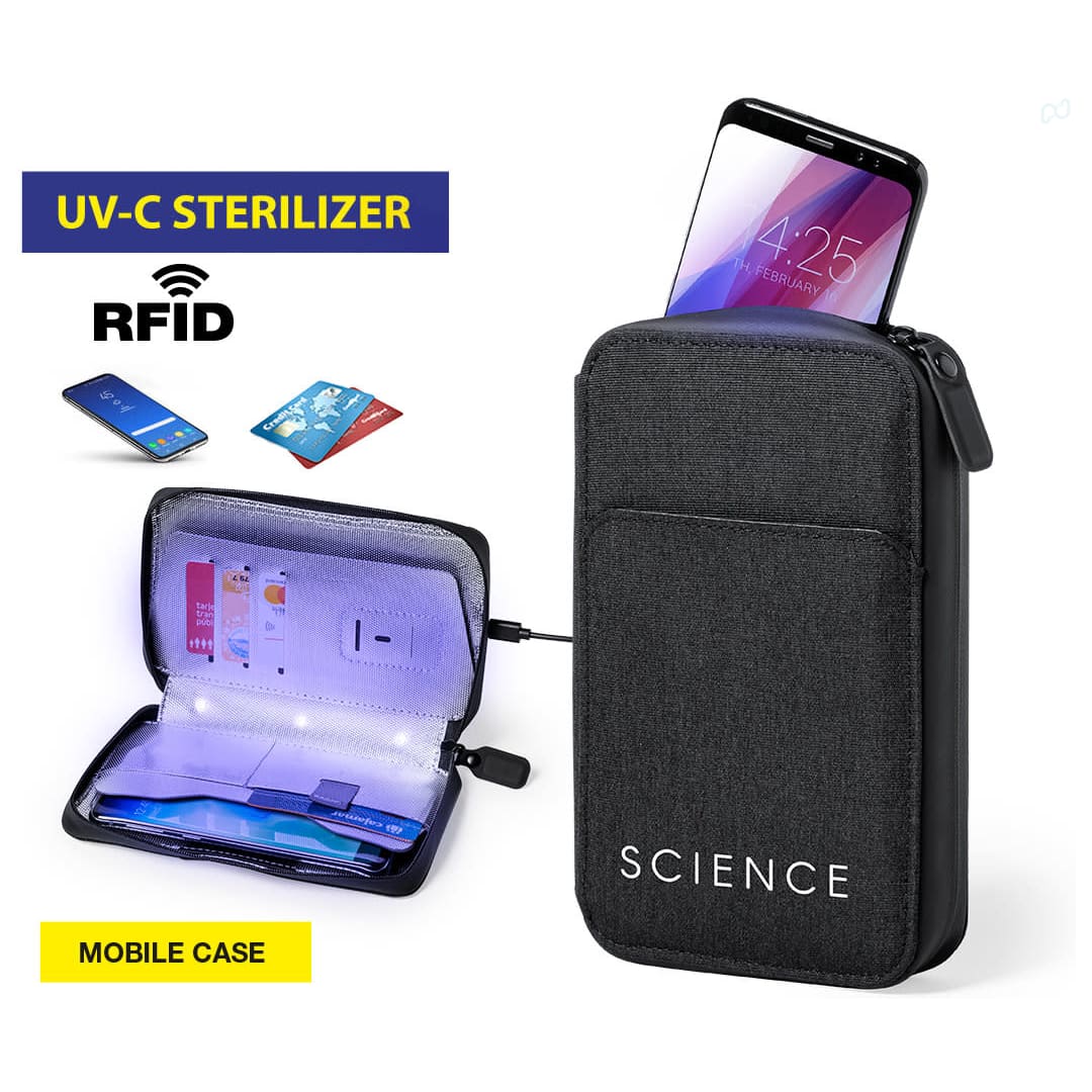 A black mobile case with a UV-C sterilizer inside, displaying a phone and cards in an organised layout. Boxny UV Sterilizer Organizer - Image 1