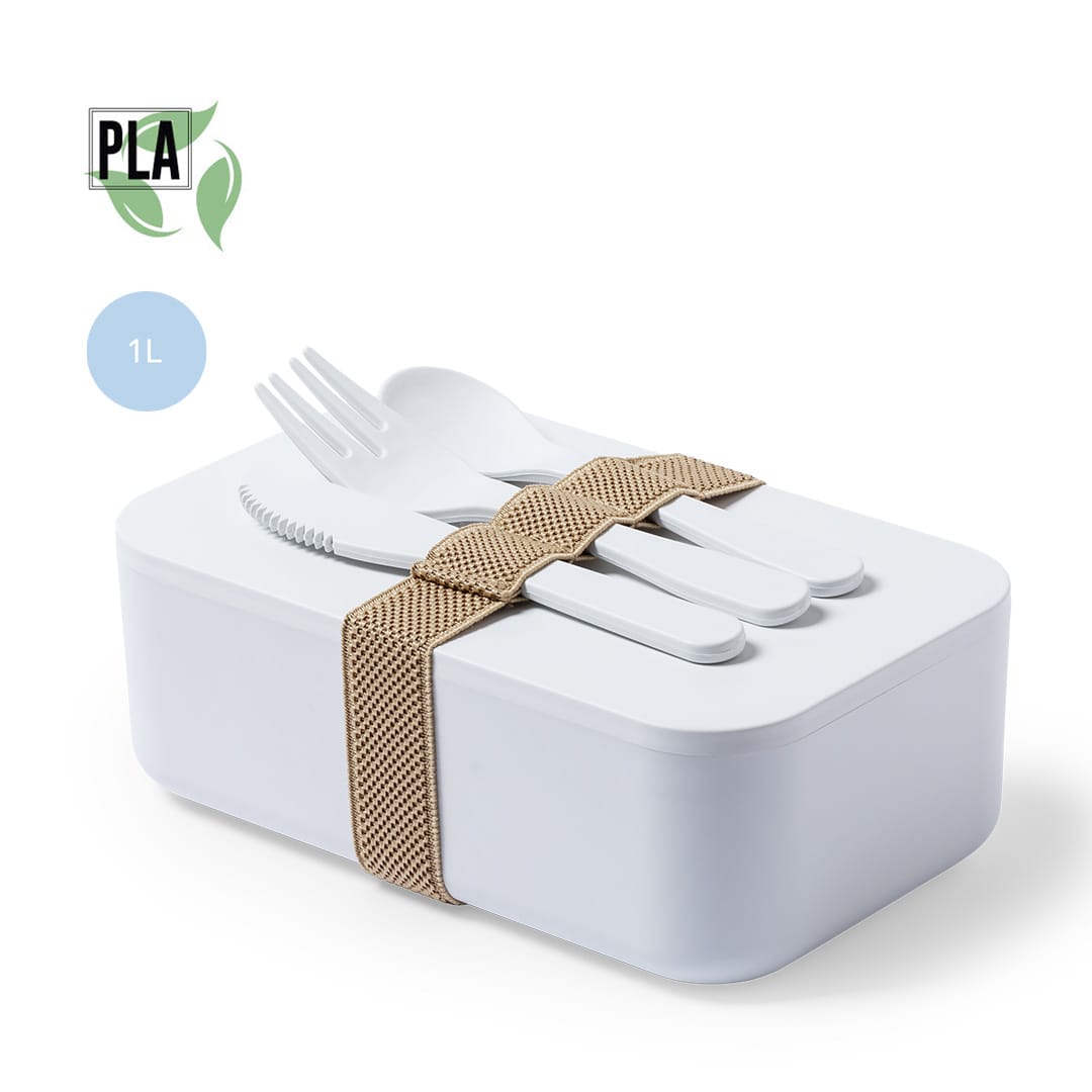 A white lunch box with a tan strap, containing cutlery, featuring a logo and made of PLA material. Molkas Lunch Box - Image 1