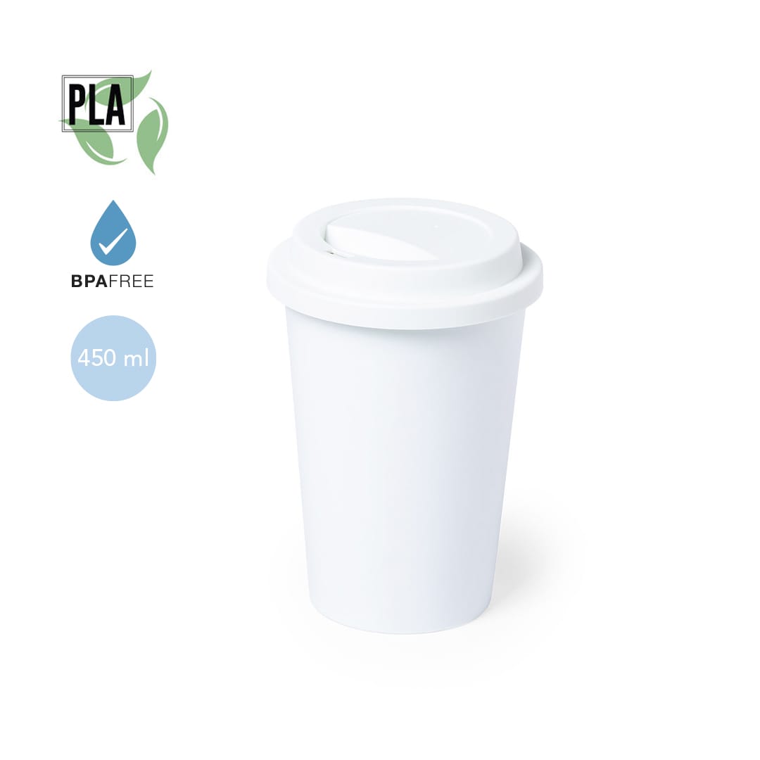 A white plastic cup with a lid, featuring a logo, holding 450 ml and marked as BPA free. Petel Cup - Image 1