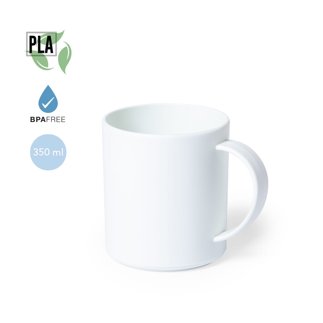 A white coffee mug with a modern design, featuring a handle and a 350 ml capacity. It has a branding logo. Pioka Mug - Image 1