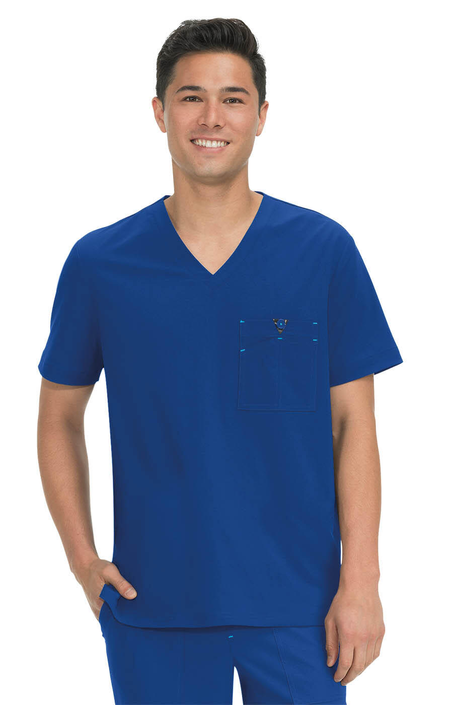 A scrub top in vibrant blue featuring a V-neck and a chest pocket, displayed on a model. Bryan Top - Image 1