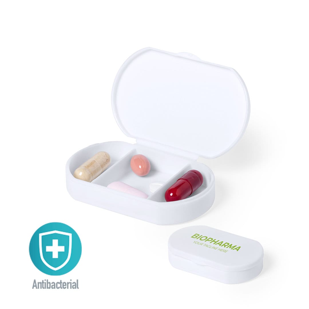 A white antibacterial pillbox featuring four different coloured capsules inside. It has a logo prominently displayed. Hempix Antibacterial Pillbox - Image 1