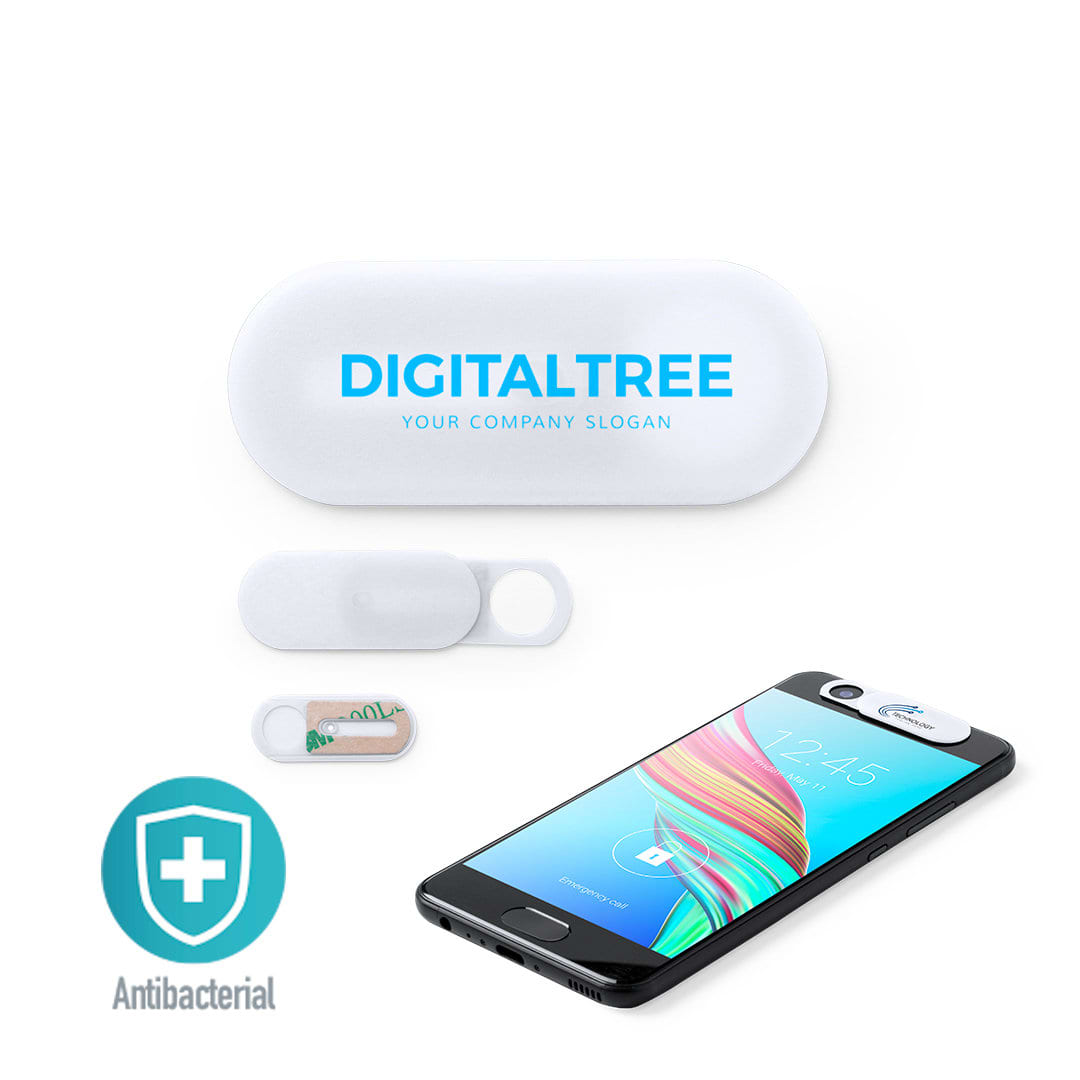 An antibacterial webcam cover in white, alongside a smartphone, on a light background. The product has a logo. Hislot Antibacterial Webcam Cover - Image 1